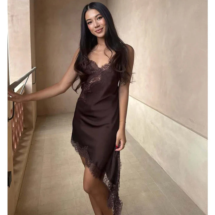 NOCTYRA™|VESTITO SATINATO ASIMMETRICO CON PIZZO ELEGANTE