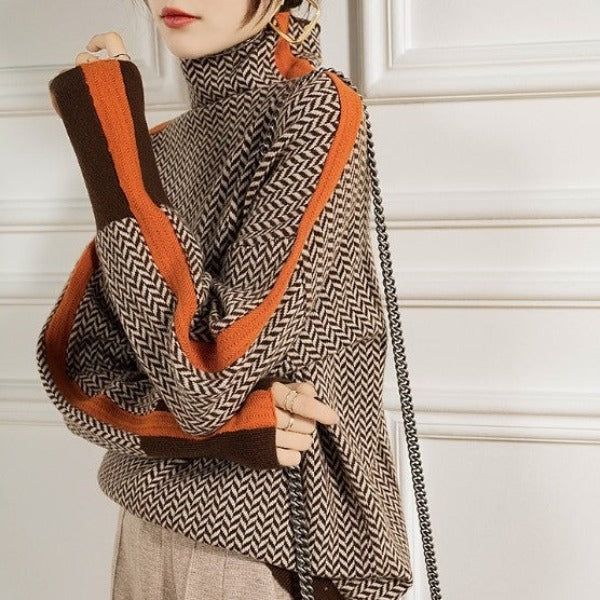 BEATRIZ™|MAGLIONE A COLLO ALTO CON RIGHE A CONTRASTO VISTOSE