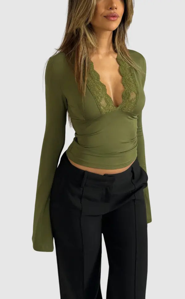 ELISA™|TOP A MANICHE LUNGHE CON SCOLLO IN PIZZO