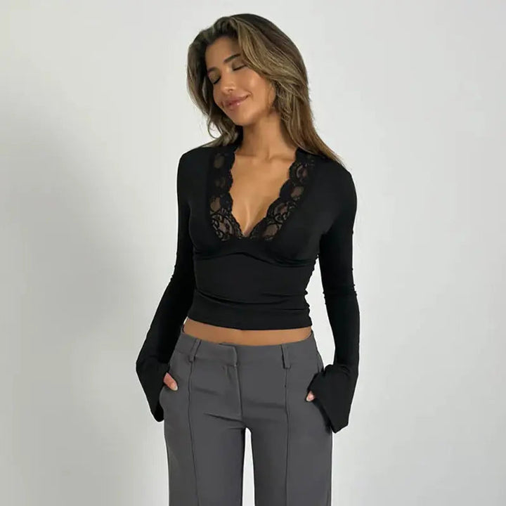 ELISA™|TOP A MANICHE LUNGHE CON SCOLLO IN PIZZO