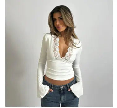 ELISA™|TOP A MANICHE LUNGHE CON SCOLLO IN PIZZO