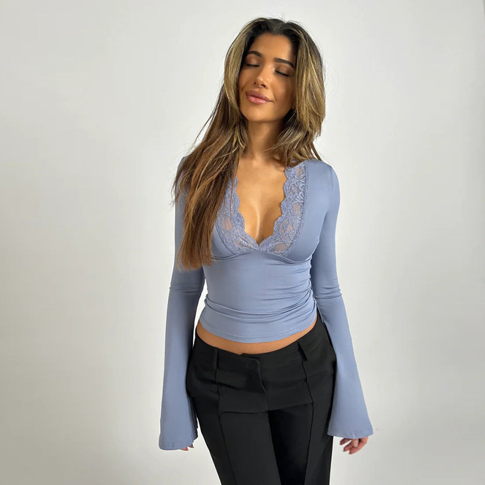 ELISA™|TOP A MANICHE LUNGHE CON SCOLLO IN PIZZO