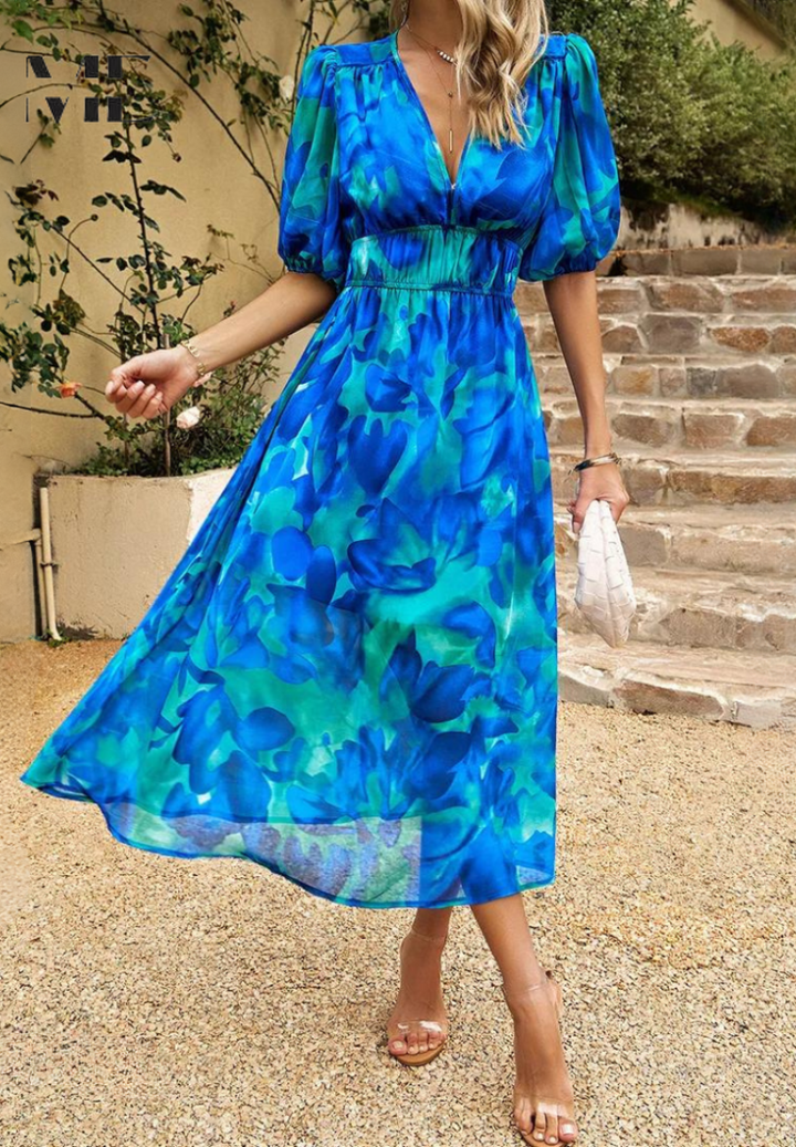 Elegant Floral Party Midi Dress with Puff Sleeves
