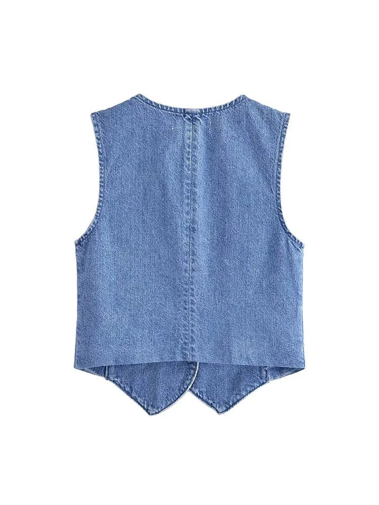 LIVIA™|TOP GILET IN DENIM SENZA MANICHE CON BOTTONI