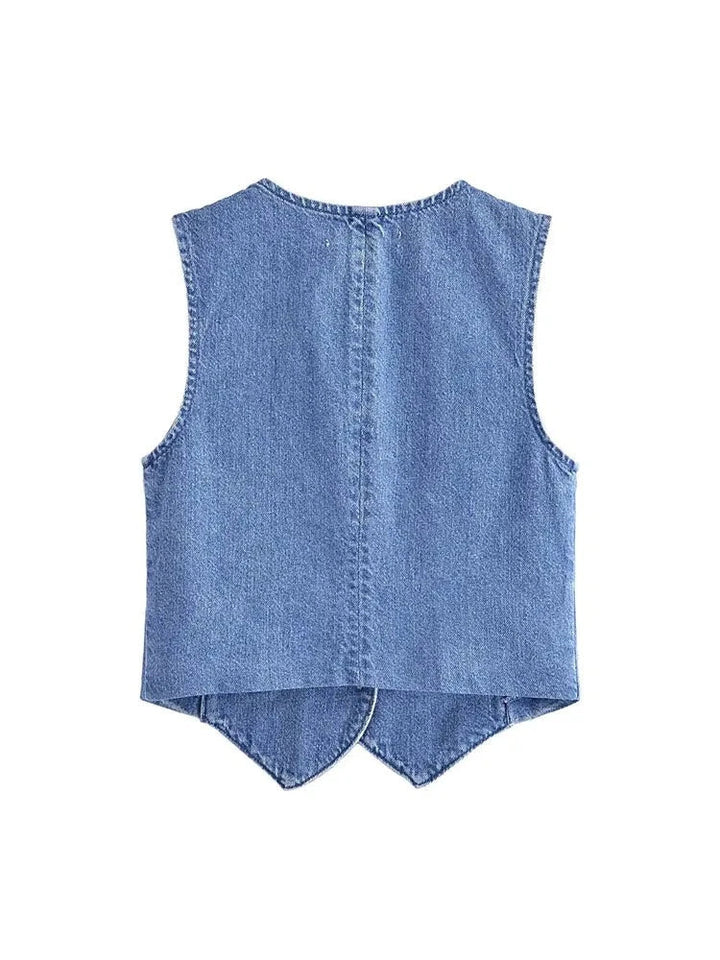 LIVIA™|TOP GILET IN DENIM SENZA MANICHE CON BOTTONI