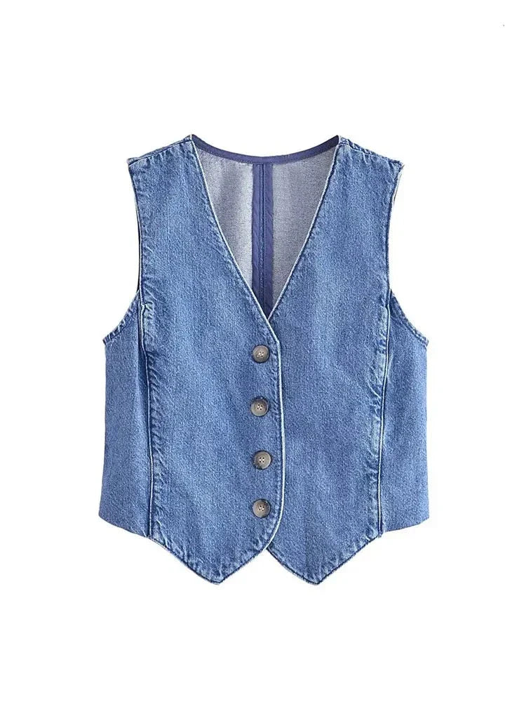 LIVIA™|TOP GILET IN DENIM SENZA MANICHE CON BOTTONI