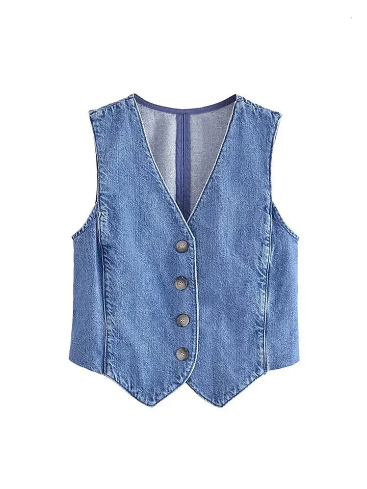 LIVIA™|TOP GILET IN DENIM SENZA MANICHE CON BOTTONI