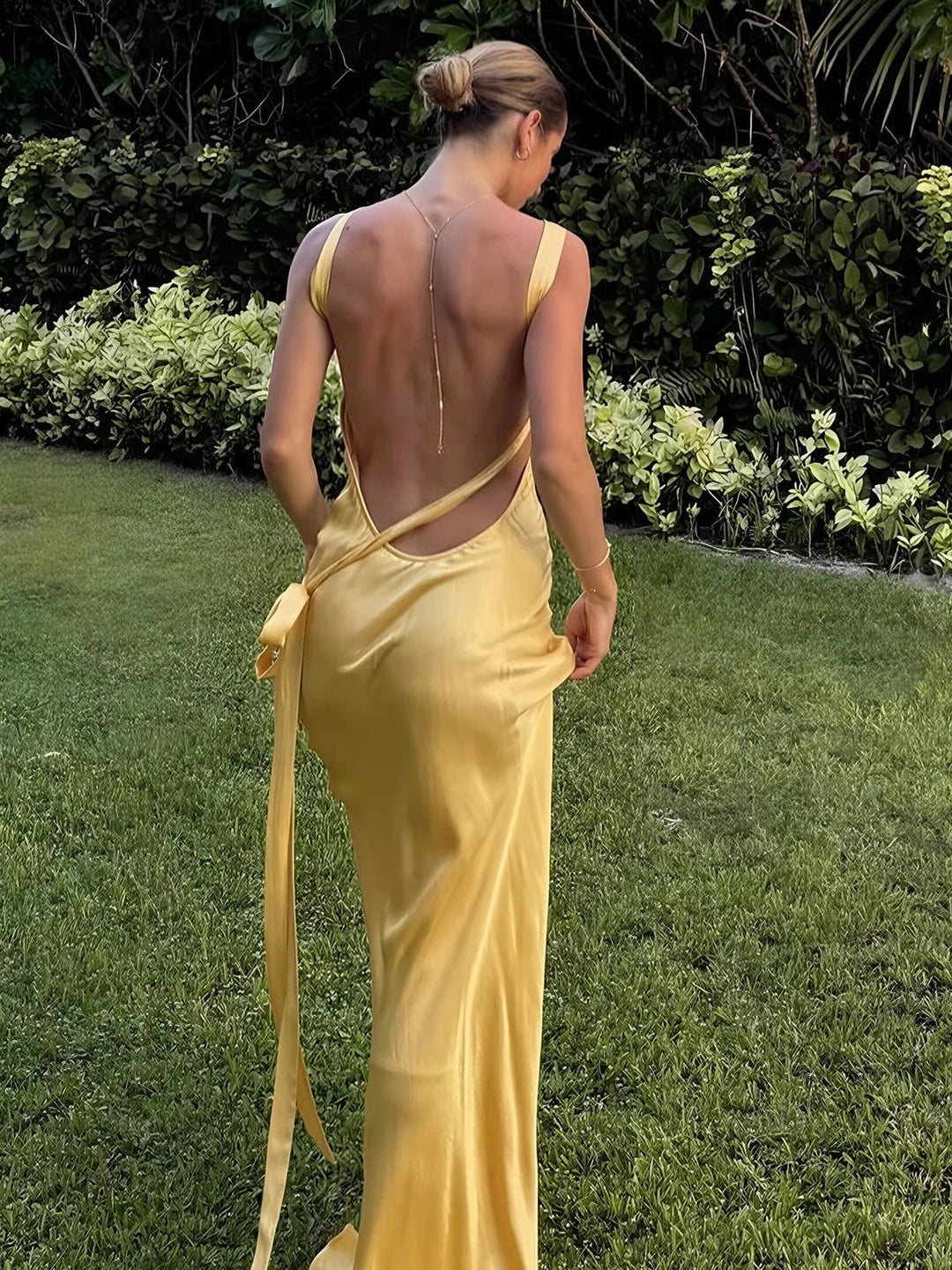 Semi-Sheer Yellow Satin Wedding Maxi Dress