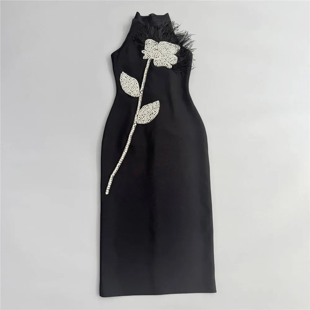 NOCTELIA™|VESTITO MIDI HALTER CON RICAMO FLORALE CRYSTAL