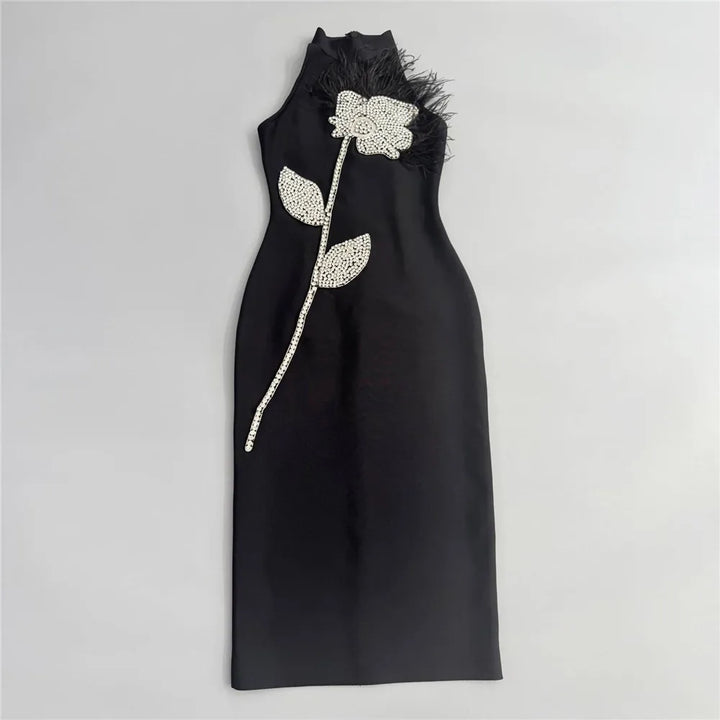 NOCTELIA™|VESTITO MIDI HALTER CON RICAMO FLORALE CRYSTAL