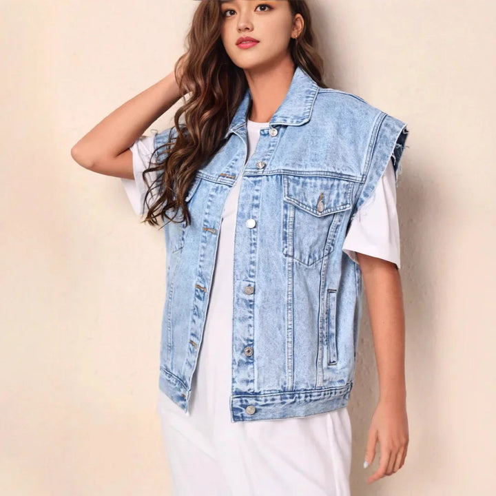 CAMILLA™|GILET IN DENIM SENZA MANICHE CON BOTTONI CLASSICI