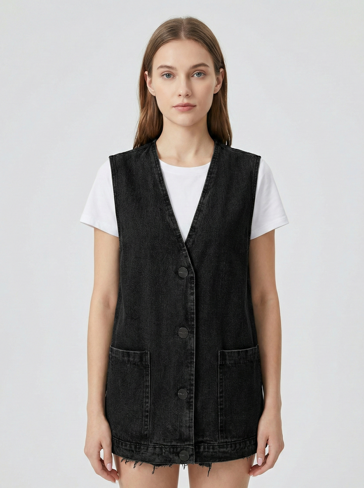 GIADA™|GILET IN DENIM SENZA MANICHE CON BOTTONI FRONTALI