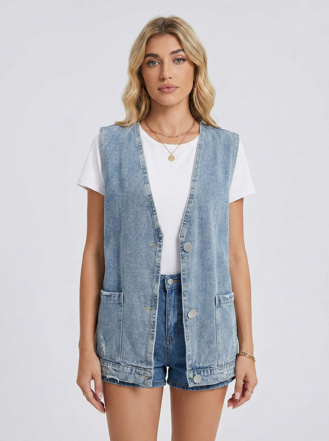 GIADA™|GILET IN DENIM SENZA MANICHE CON BOTTONI FRONTALI
