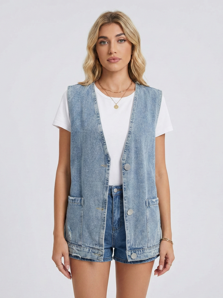 GIADA™|GILET IN DENIM SENZA MANICHE CON BOTTONI FRONTALI