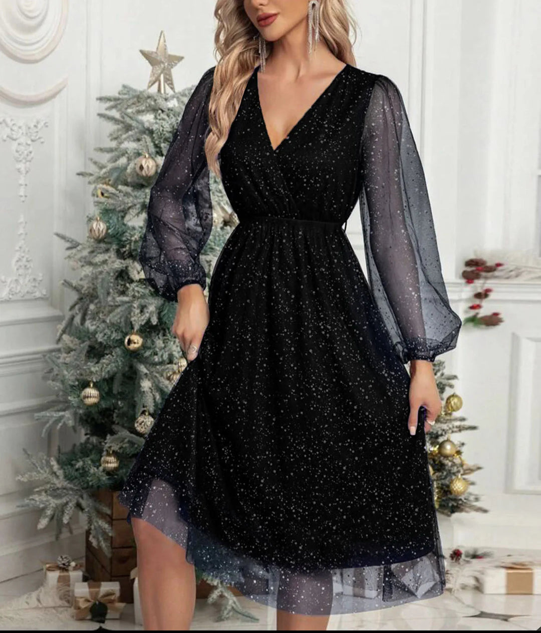 SERENA™|VESTITO MIDI IN TULLE CON SCOLLO INCROCIATO