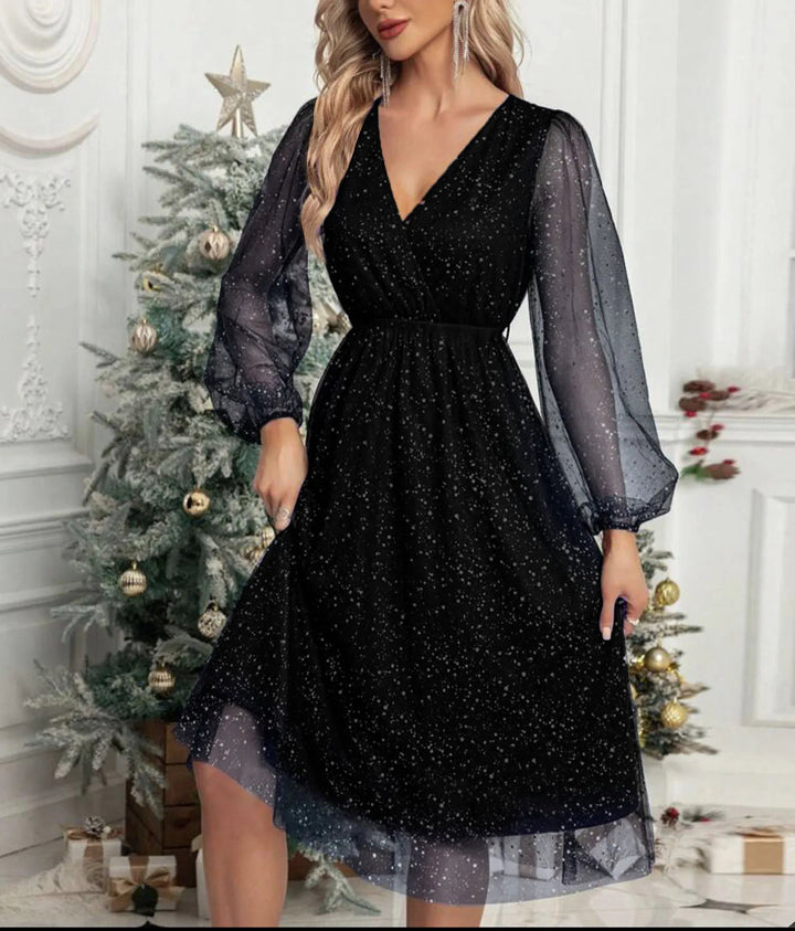 SERENA™|VESTITO MIDI IN TULLE CON SCOLLO INCROCIATO