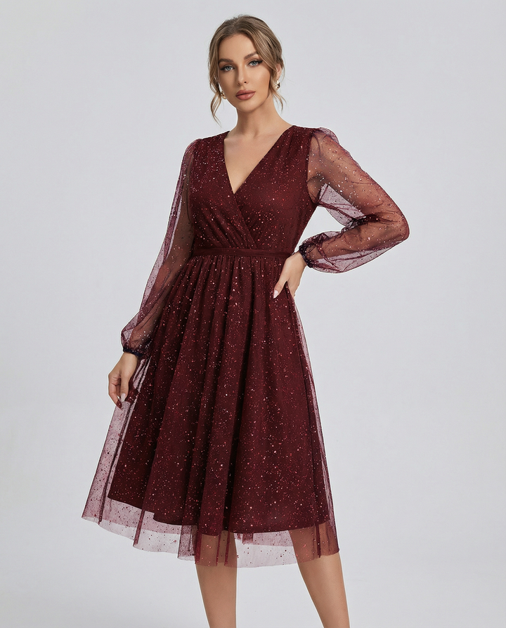 SERENA™|VESTITO MIDI IN TULLE CON SCOLLO INCROCIATO