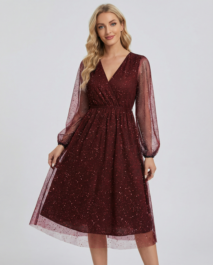 SERENA™|VESTITO MIDI IN TULLE CON SCOLLO INCROCIATO