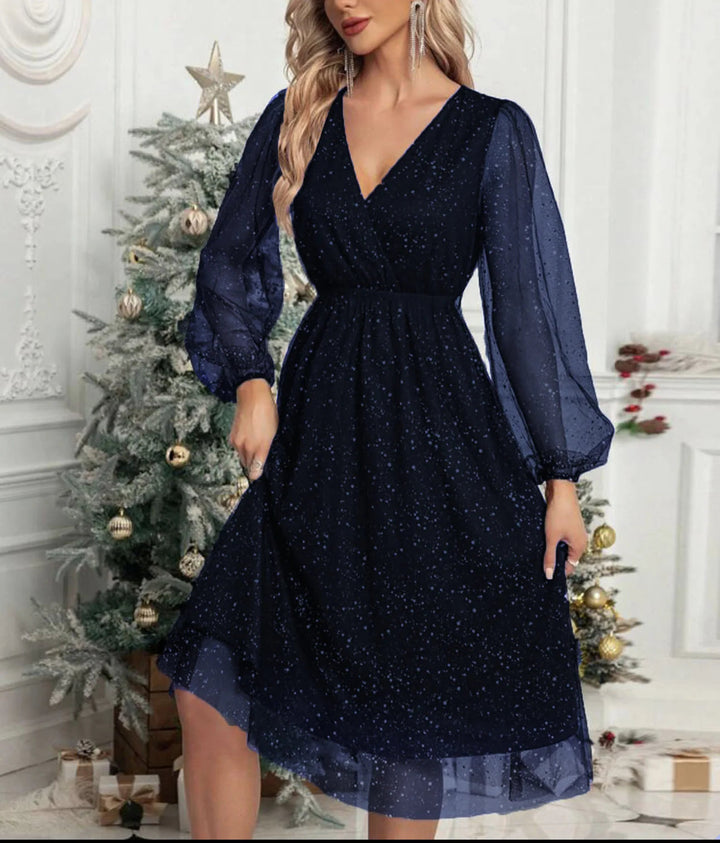 SERENA™|VESTITO MIDI IN TULLE CON SCOLLO INCROCIATO