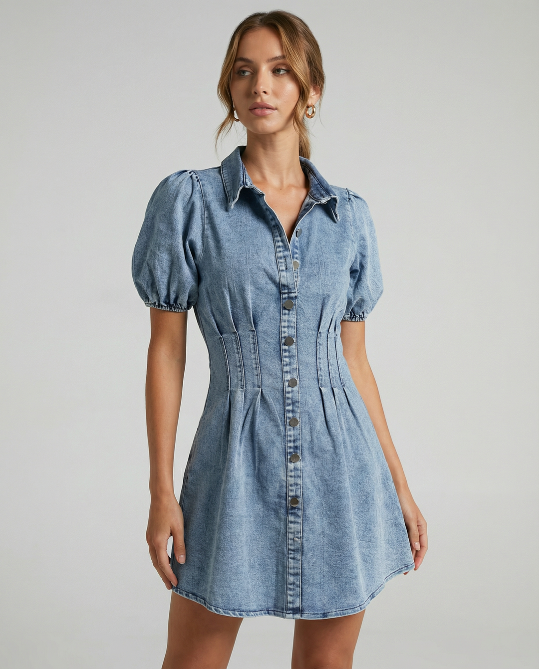 GIULIANA™|VESTITO MINI IN DENIM CON MANICHE A SBUFFO