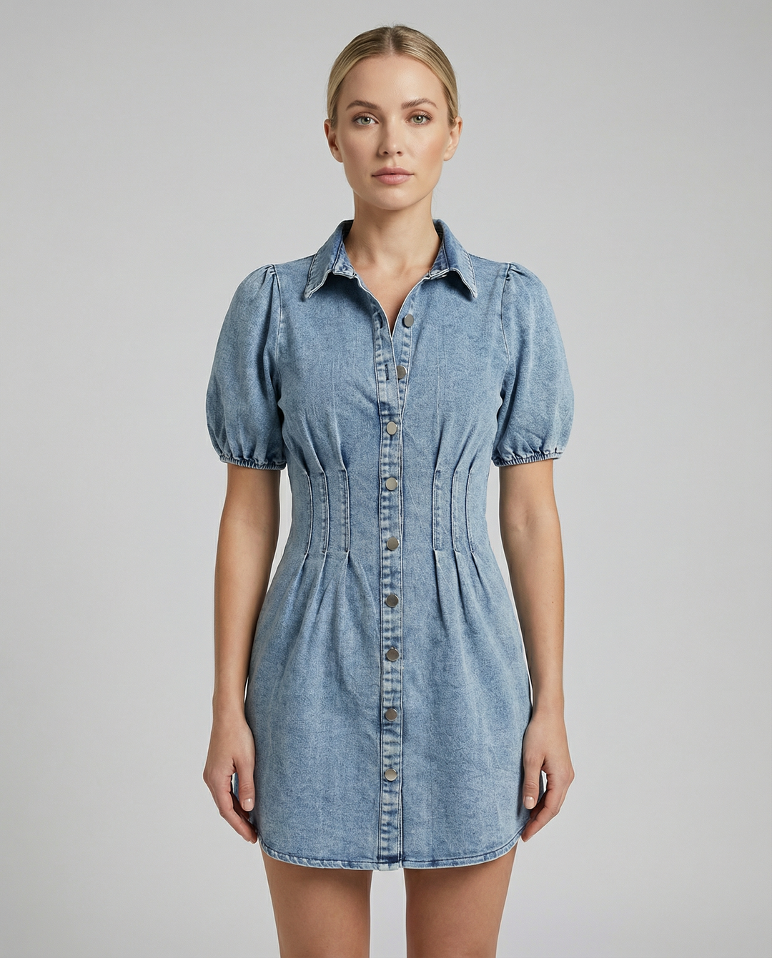 GIULIANA™|VESTITO MINI IN DENIM CON MANICHE A SBUFFO