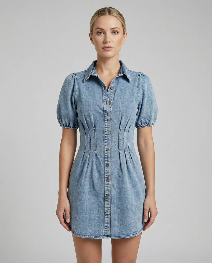 GIULIANA™|VESTITO MINI IN DENIM CON MANICHE A SBUFFO