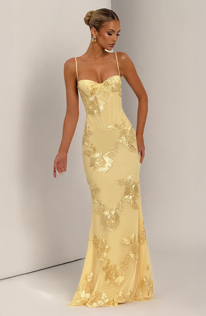 Floral Jacquard Wedding Guest Corset Maxi Dress