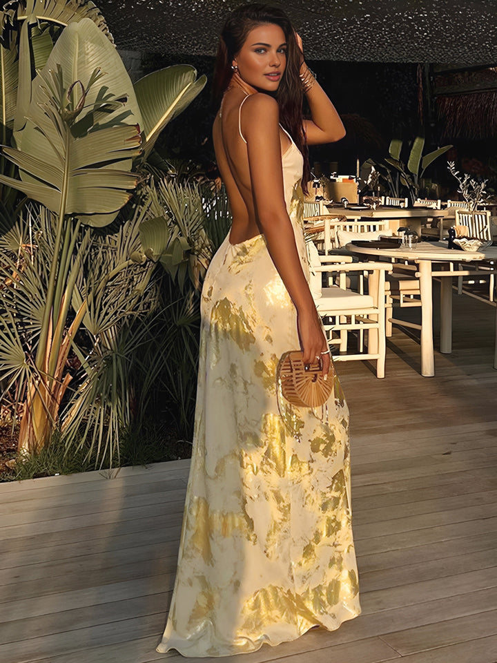 Elegant Yellow and Gold Wedding Guest Maxi Dress