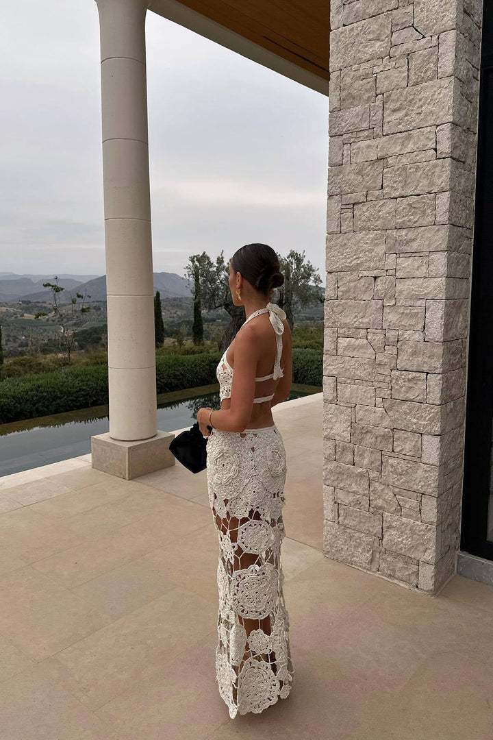 White Crochet Cut Out Summer Party Maxi Dress