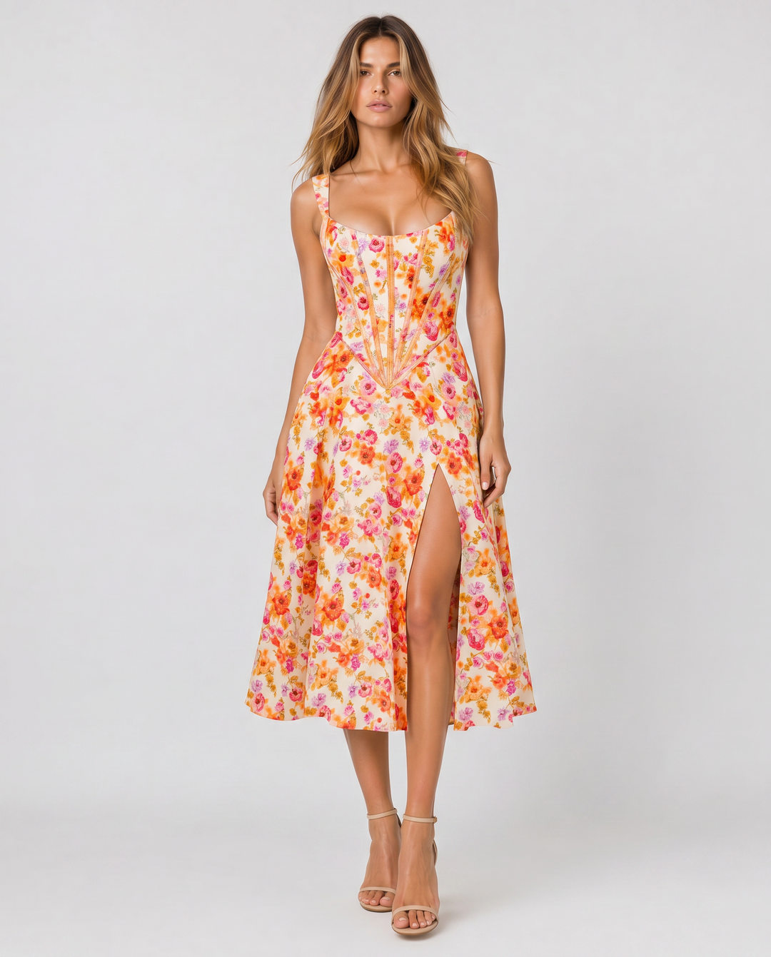 GIADA™|VESTITO MIDI FLOREALE CON CORSETTO E SPACCO LATERALE