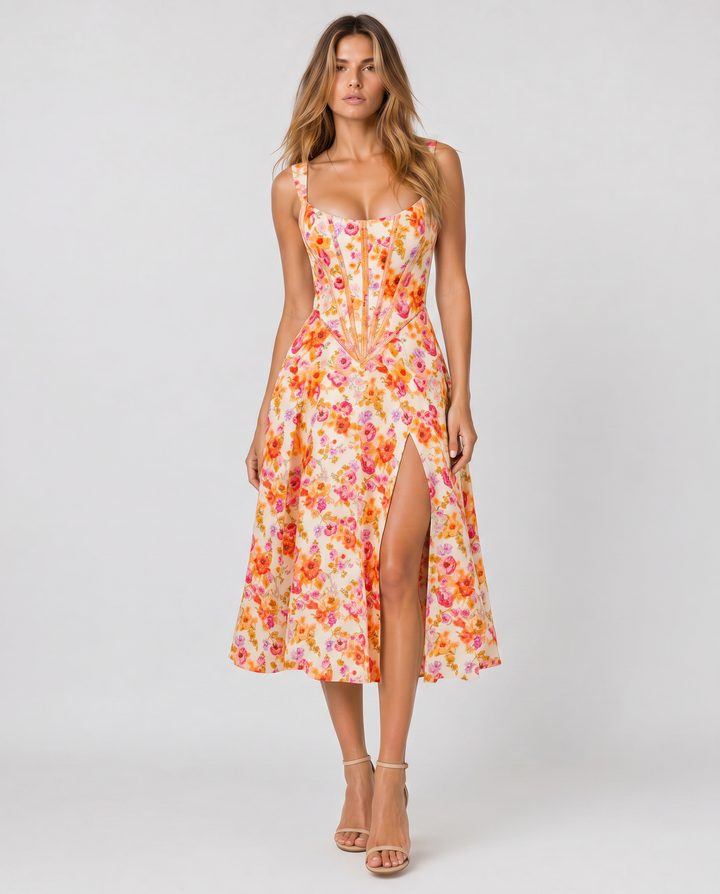 GIADA™|VESTITO MIDI FLOREALE CON CORSETTO E SPACCO LATERALE