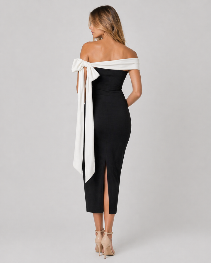 ALESSIA™|VESTITO MIDI OFF-SHOULDER CON FIOCCO