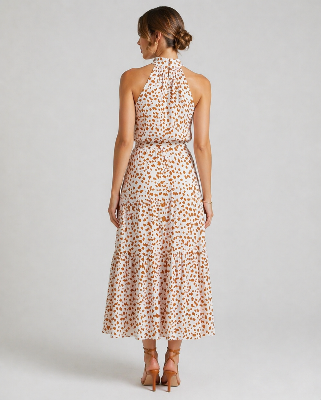 ALBA™|VESTITO MIDI HALTER CON STAMPA A POIS E CINTURA REGOLABILE