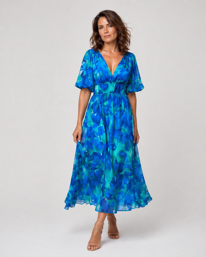SERENA™|VESTITO MIDI FLUIDO CON SCOLLO A V E MANICHE MORBIDE