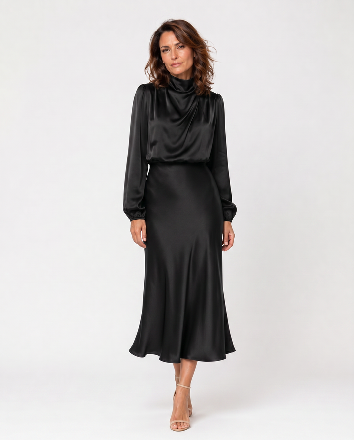 FIAMMETTA™|VESTITO MIDI SATINATO CON COLLO DRAPPEGGIATO
