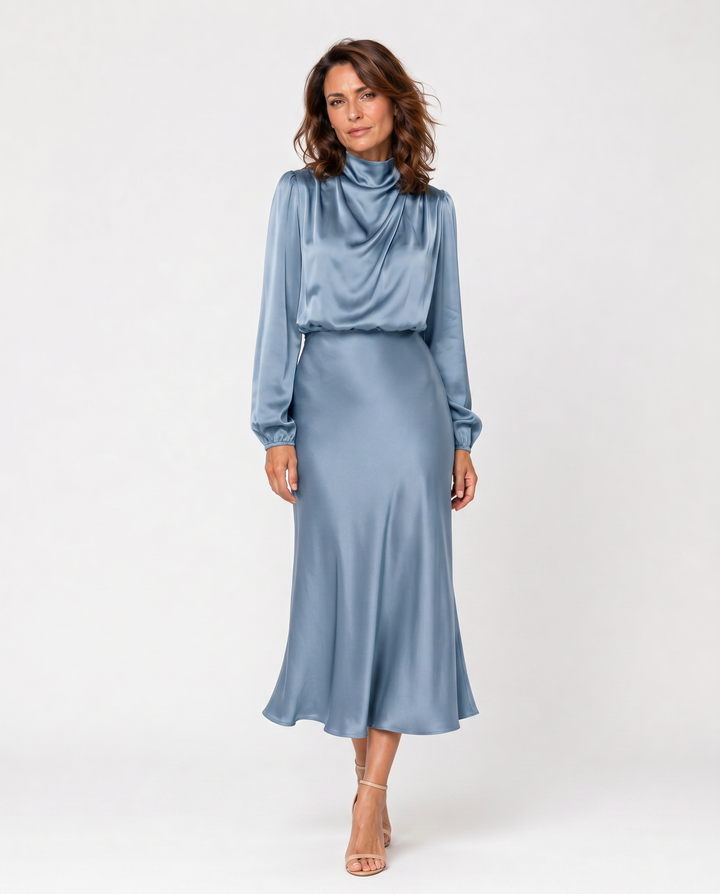 FIAMMETTA™|VESTITO MIDI SATINATO CON COLLO DRAPPEGGIATO