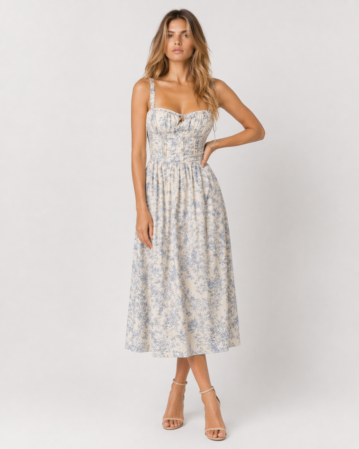 LUDOVICA™|VESTITO MIDI FLOREALE CON CORPETTO STRUTTURATO