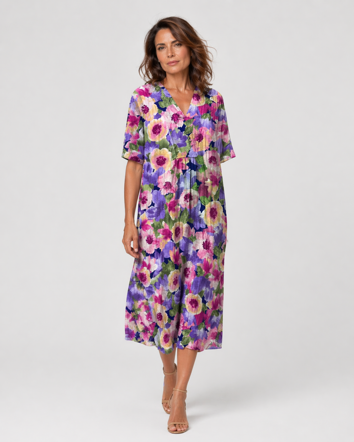 FIORALE™|VESTITO MIDI STAMPATO CON LINEA FLUIDA