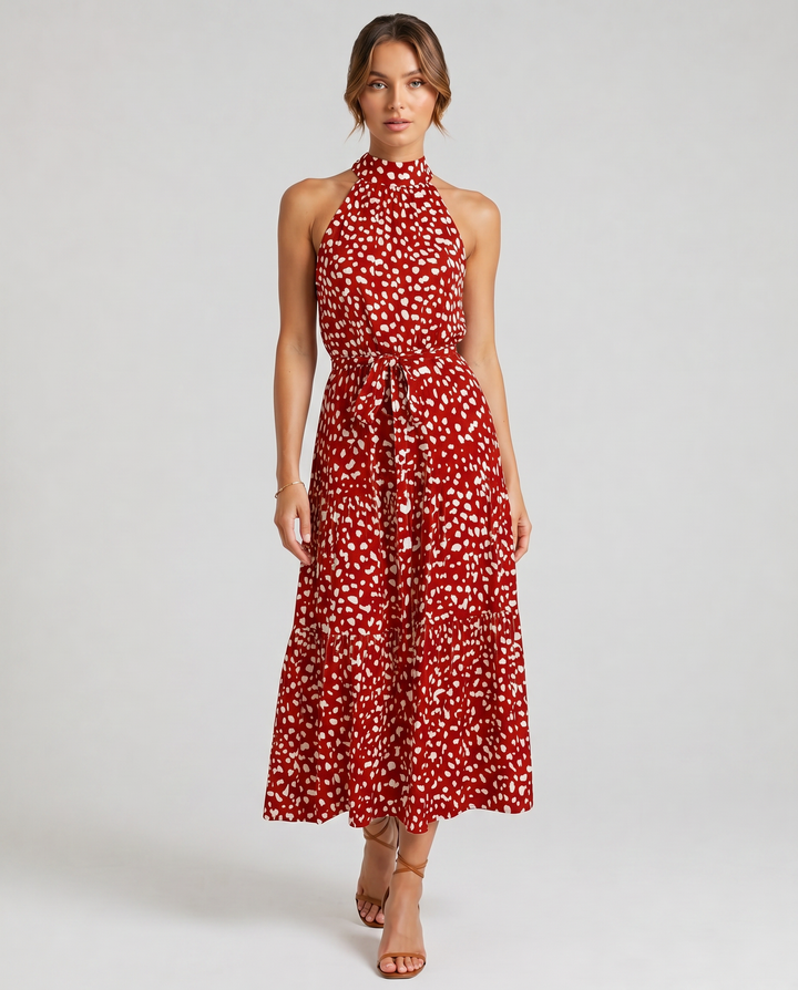 ALBA™|VESTITO MIDI HALTER CON STAMPA A POIS E CINTURA REGOLABILE