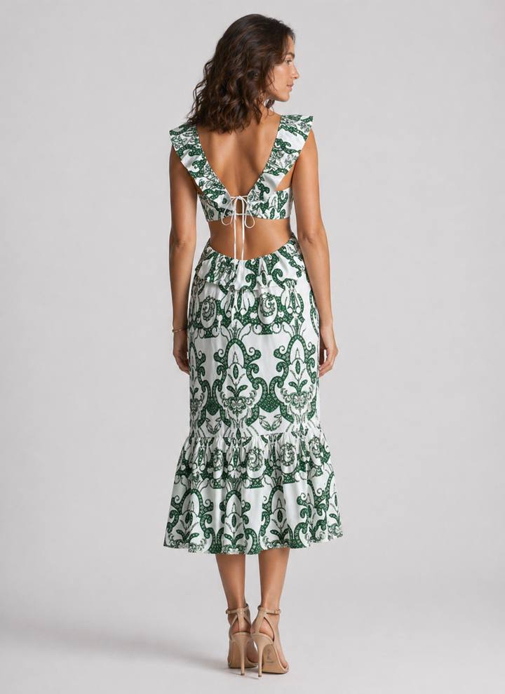 BIANCA™|VESTITO MIDI CON STAMPA ORNAMENTALE E DETTAGLIO FIOCCO