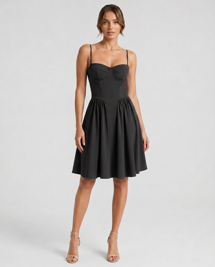 VITTORIA™|VESTITO MIDI CON CORPETTO STRUTTURATO E GONNA AMPIA