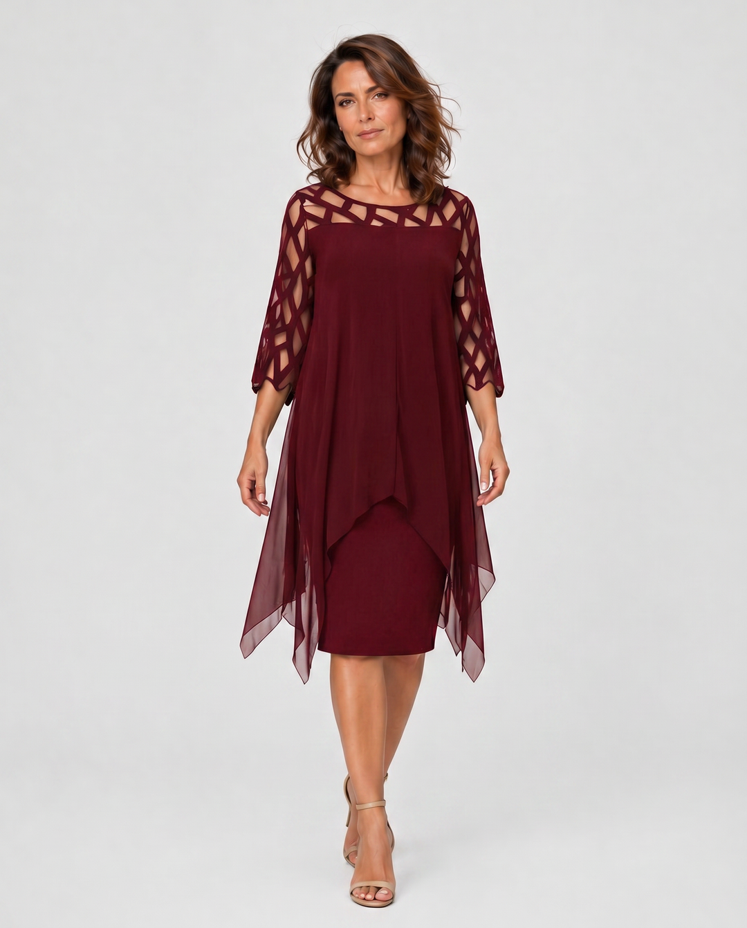 MARTINA™|VESTITO MIDI ELEGANTE CON MANICHE IN RETE E STRATI LEGGERI