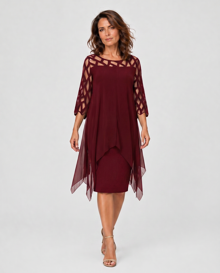MARTINA™|VESTITO MIDI ELEGANTE CON MANICHE IN RETE E STRATI LEGGERI