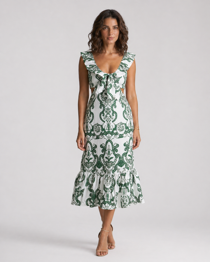 BIANCA™|VESTITO MIDI CON STAMPA ORNAMENTALE E DETTAGLIO FIOCCO