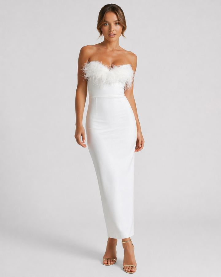 OTTAVIA™|VESTITO MIDI STRAPLESS CON DETTAGLI PIUMA