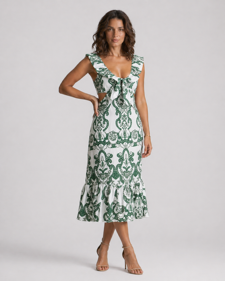 BIANCA™|VESTITO MIDI CON STAMPA ORNAMENTALE E DETTAGLIO FIOCCO