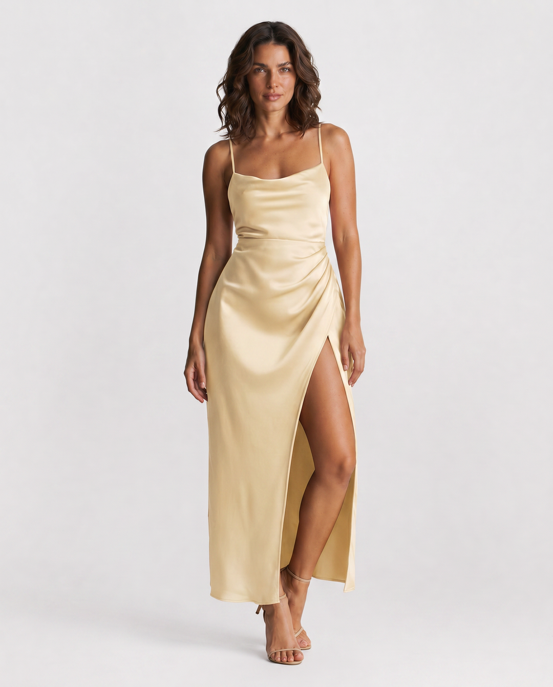 ALESSIA™|VESTITO MIDI SATINATO CON SPACCO LATERALE