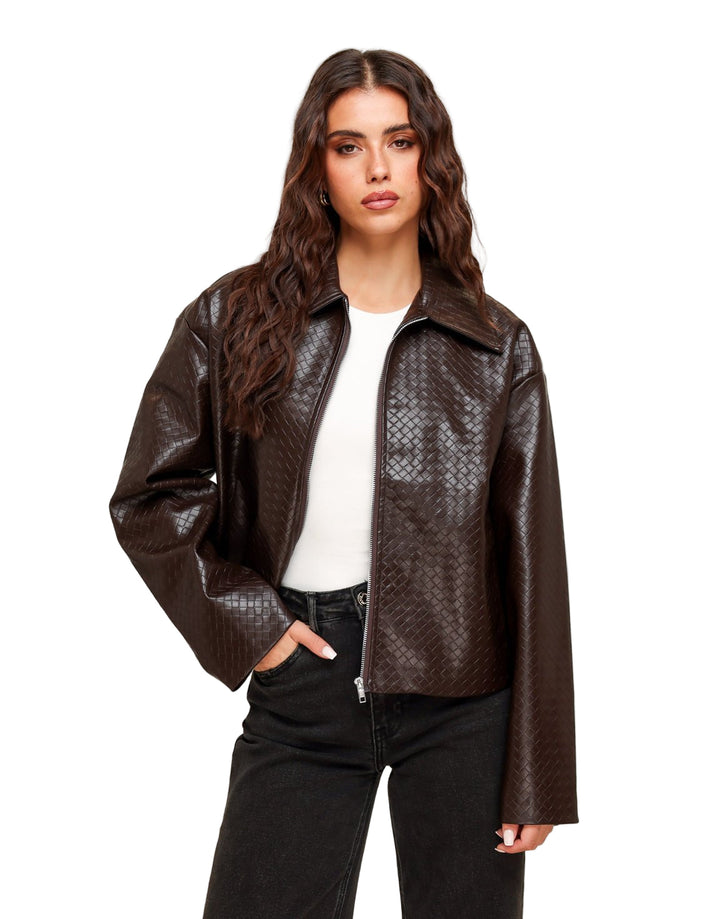 CLARA™|GIACCA IN PELLE PU CON MOTIVO MARRONE SCURO