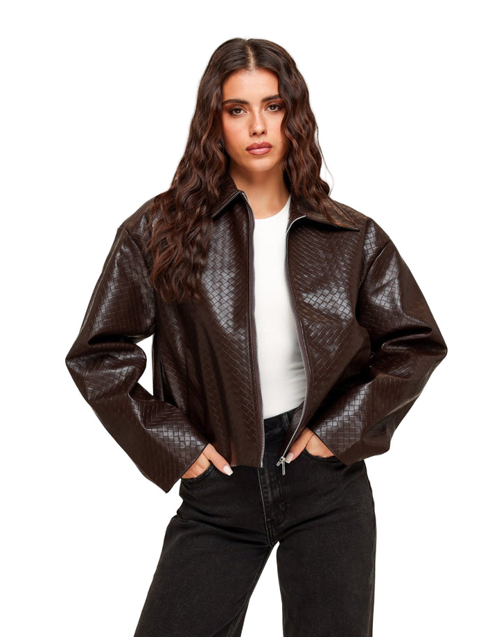 CLARA™|GIACCA IN PELLE PU CON MOTIVO MARRONE SCURO