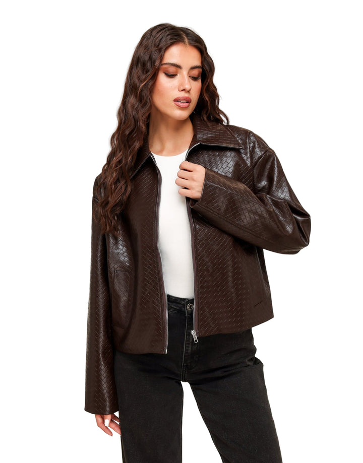 CLARA™|GIACCA IN PELLE PU CON MOTIVO MARRONE SCURO